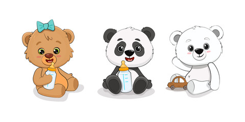 Obraz premium Set of cute bears.Teddy bear, polar bear and panda cub with milk bottle and toy. Set of cartoon baby animals. 