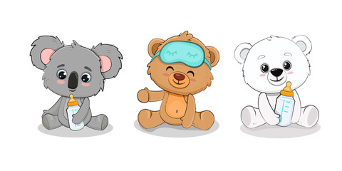 Teddy bear, polar bear and koala cub with milk bottle. Set of cartoon baby animals.