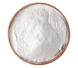 White sugar powder in clay pot isolated on white, top view   
