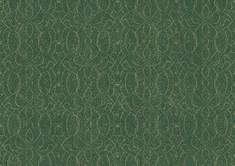 Hand-drawn unique abstract symmetrical seamless gold ornament and splatters of golden glitter on a warm green background. Paper texture. Digital artwork, A4. (pattern: p08-1c)