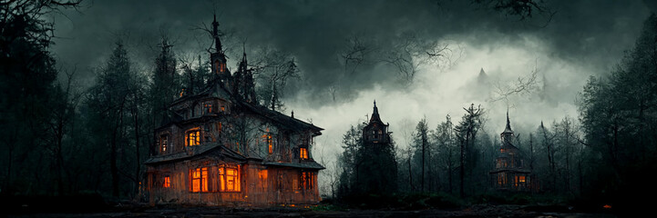 Spooky house in the middle of a forest at night, a detailed matte painting, gothic art, ominous vibe