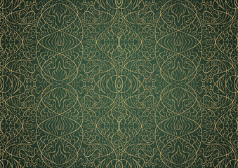 Hand-drawn unique abstract gold ornament on a green warm background, with vignette of darker background color. Paper texture. Digital artwork, A4. (pattern: p02-2b)