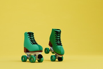 active lifestyle. sports rollers of green color on a yellow background. 3D render
