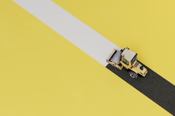 the concept of road surface repair. asphalt paver on a white path on a yellow background. 3D render © Igor