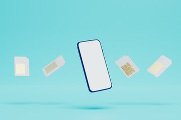 selection of several SIM cards for a smartphone. smartphone around which SIM cards fly on a blue background. 3D render - obrazy, fototapety, plakaty