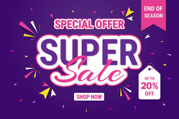 Super sale banner design for discount promotion, Up to 20% percentage off Sale. Discount offer price sign. Special offer symbol. Vector illustration of a discount tag badge