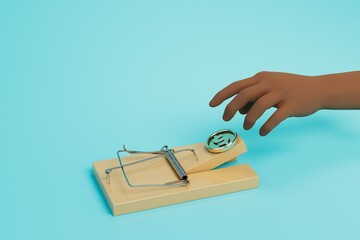 dependence on money. hand reaches for a mousetrap with a dollar on a blue background. 3D render