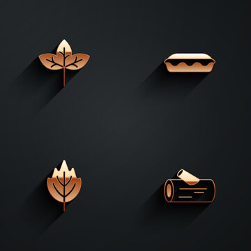 Set Leaf, Homemade Pie, And Wooden Log Icon With Long Shadow. Vector