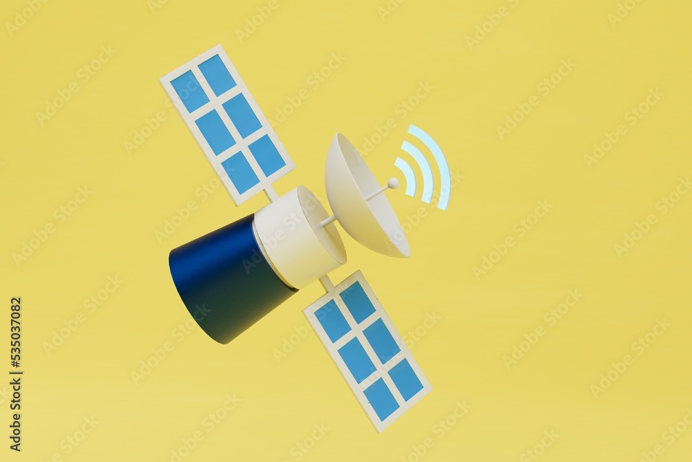Poster internet connection via satellite. satellite with a wi-fi icon on a yellow background. 3d render