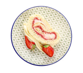 Plate with slice of tasty strawberry roll cake on white background