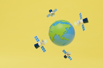 a planet around which satellites fly. transmission of Internet connection via satellites. 3D render