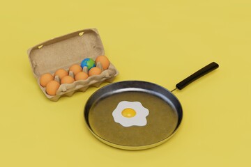 scrambled eggs in a frying pan next to a pack of eggs, one of which is in the shape of a planet. 3D render
