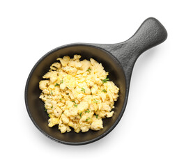 Frying pan with tasty scrambled eggs on white background