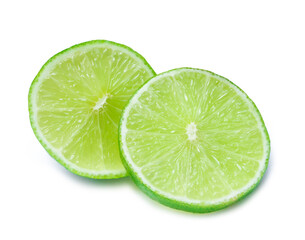 Fototapeta na wymiar Close up photo of two slices of green lemon isolated on white background with clipping path