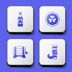 Set Beer bottle with clover, Golden leprechaun coin, Wooden barrel on rack and Leprechaun boot icon. White square button. Vector
