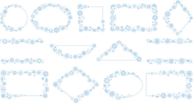 Christmas snowflakes borders and frames. Create snowflake framework, xmas cards decorative design elements. Winter ornament decent vector set