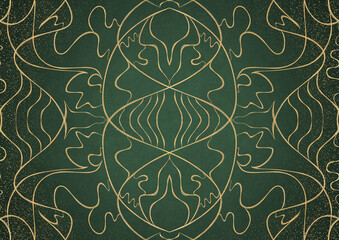 Hand-drawn unique abstract gold ornament on a green warm background, with vignette of darker background color and splatters of golden glitter. Paper texture. Digital artwork, A4. (pattern: p02-1a)