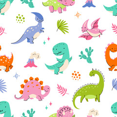 Dinosaur seamless pattern. Sweet cartoon dinosaurs clothes print template. Flat dino kid background. Cute childish wild animals nowaday vector texture