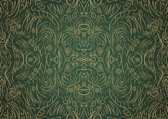 Hand-drawn unique abstract gold ornament on a green warm background, with vignette of darker background color and splatters of golden glitter. Paper texture. Digital artwork, A4. (pattern: p03a)