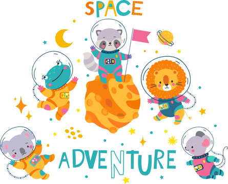 Space adventure animals children print, astronauts in suits. Funny lion and koala flying with planets and stars. Cute childish nowaday vector background