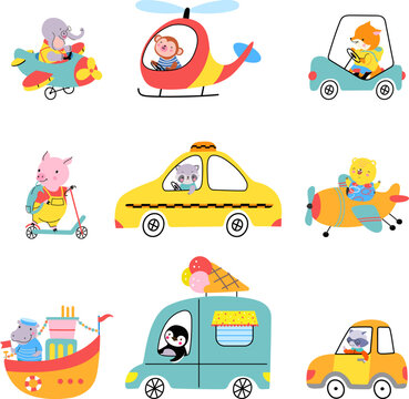 Cute cartoon animals driving auto, flying helicopter and swim on ship. Funny pig ride on scooter, raccoon taxi driver. Childish stickers nowaday vector collection