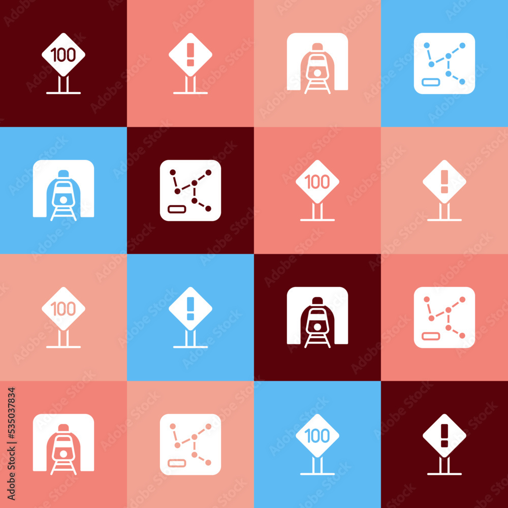 Poster set pop art speed limit traffic sign 100 km, exclamation mark in square, train railway tunnel and ra