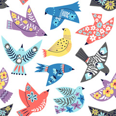 Birds seamless pattern. Ethnic folk abstract flying bird wallpaper. Decorative flat dove or seagull, scandinavian floral decent vector fabric print