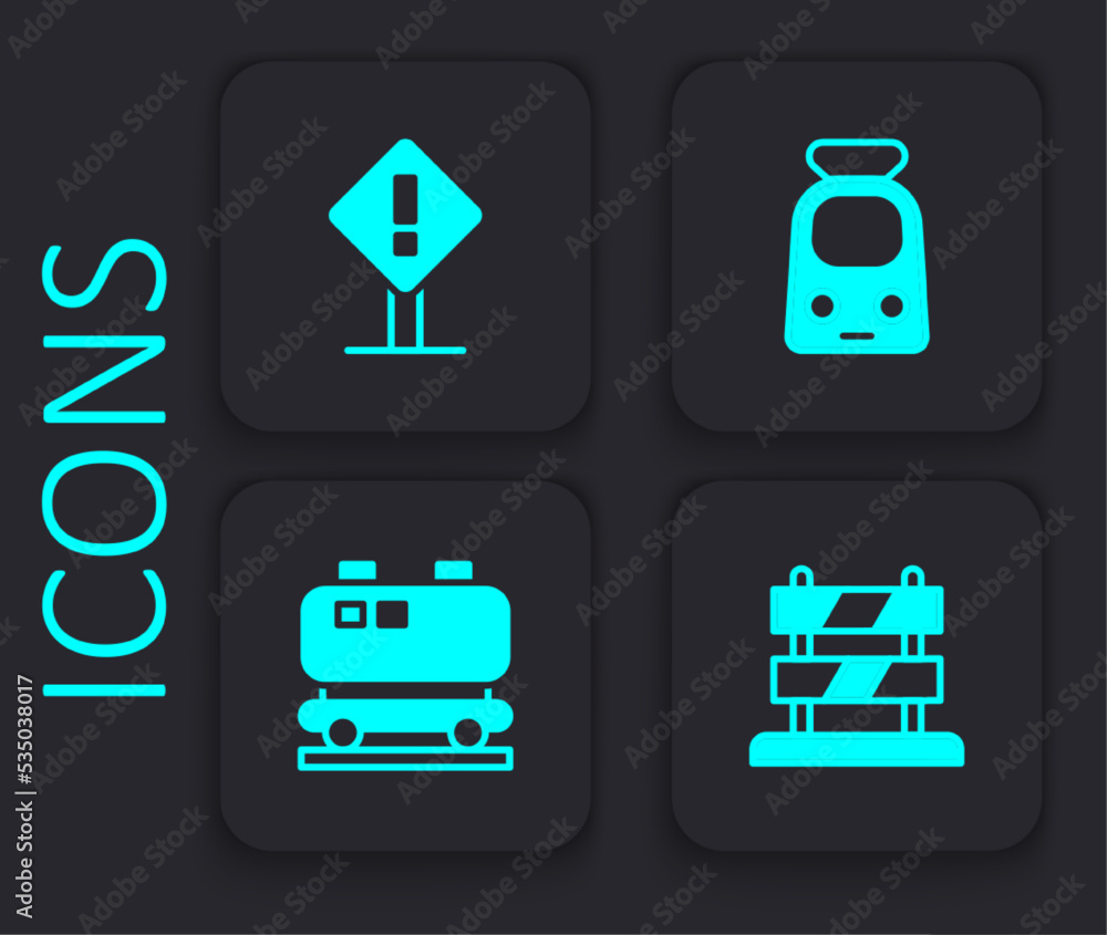 Poster set end of railway tracks, exclamation mark in square, train and and oil cistern icon. black square 