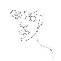 Female's eyes with butterfly linear elegant one line art drawing illustration