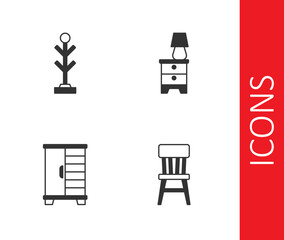 Set Chair, Coat stand, Wardrobe and Furniture nightstand with lamp icon. Vector