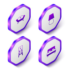 Fototapeta premium Set Isometric Sofa, Table lamp, Chair and Big bed icon. Purple hexagon button. Vector