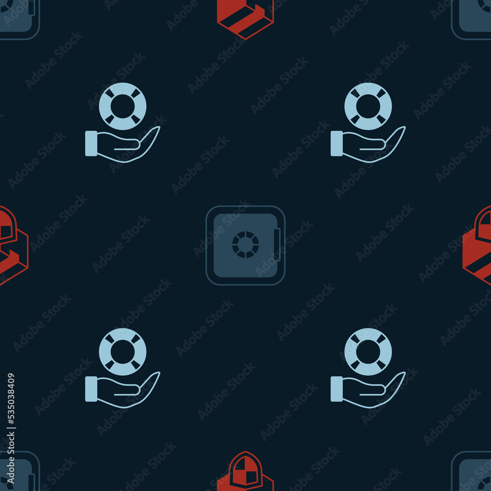 Poster set delivery security with shield, safe and lifebuoy in hand on seamless pattern. vector