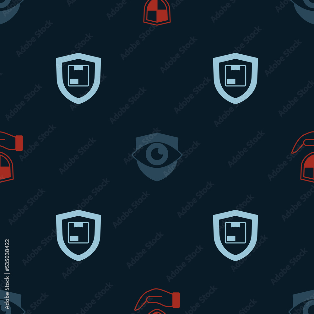 Poster set shield in hand, eye and delivery security with shield on seamless pattern. vector