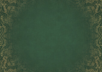 Warm green textured paper with vignette of golden hand-drawn pattern. Copy space. Digital artwork, A4. (pattern: p06a)