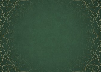 Warm green textured paper with vignette of golden hand-drawn pattern. Copy space. Digital artwork, A4. (pattern: p07-1a)