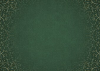 Warm green textured paper with vignette of golden hand-drawn pattern. Copy space. Digital artwork, A4. (pattern: p07-1b)