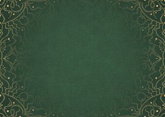 Warm green textured paper with vignette of golden hand-drawn pattern. Copy space. Digital artwork, A4. (pattern: p07-2a)