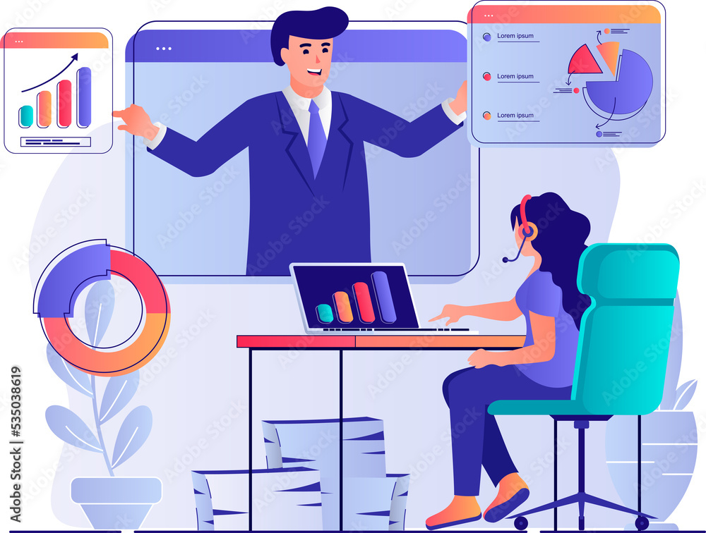 Aufkleber Business webinar concept with people scene. Woman watching online training video with business coach, analyzing data and improves skills. Illustration with characters in flat design for web
