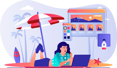 Freelance working concept with people scene. Woman designer working at laptop and lying at beach by sea. Remote employee doing tasks online. Illustration with characters in flat design for web