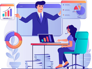 Business webinar concept with people scene. Woman watching online training video with business coach, analyzing data and improves skills. Illustration with characters in flat design for web