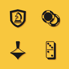 Set Chess, Domino, Whirligig toy and Casino chips icon with long shadow. Vector