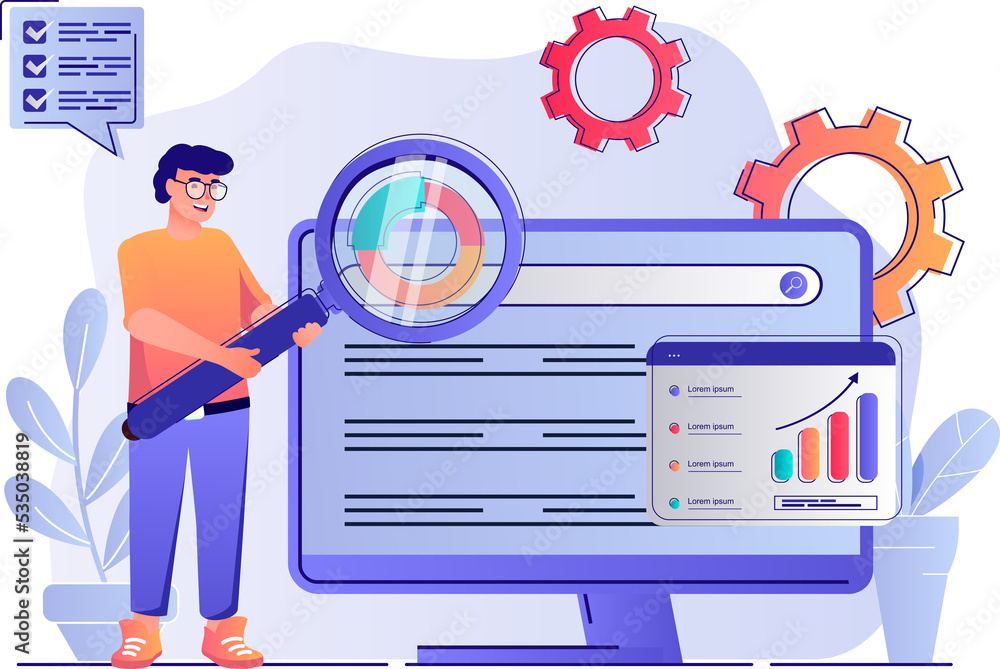 Poster SEO analysis concept with people scene. Man settings site for search engines, analyzes statistics of web page, improvement and optimization. Illustration with characters in flat design for web