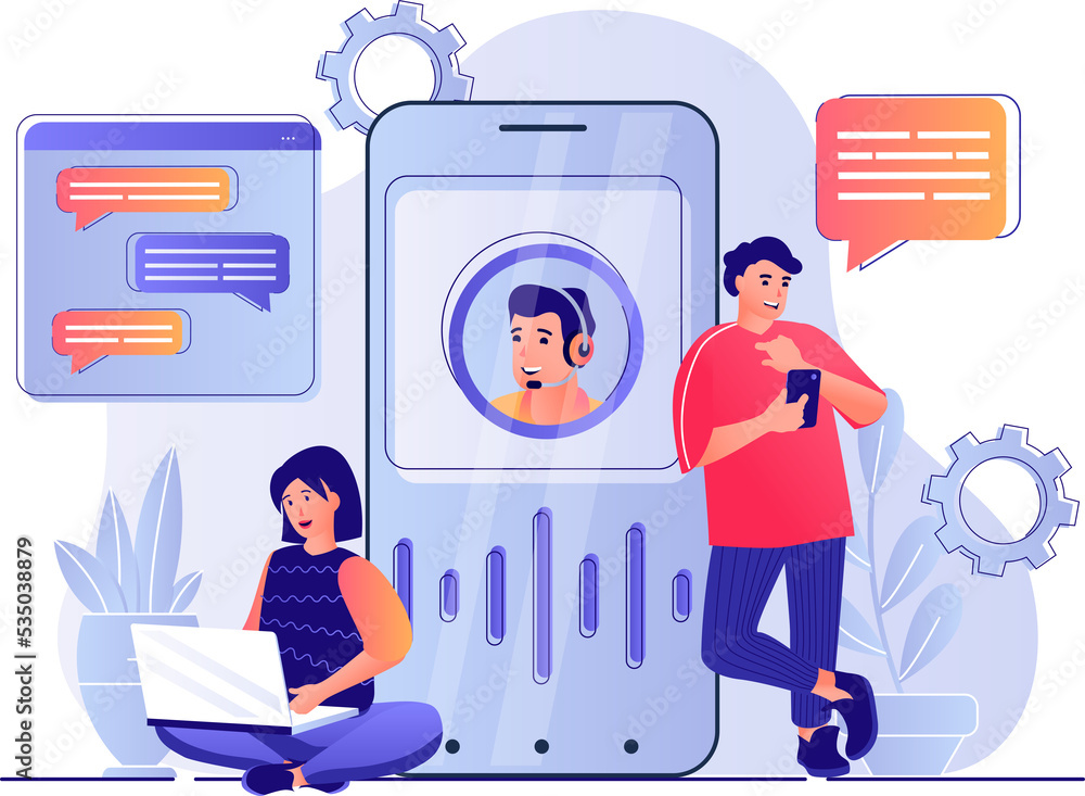 Poster virtual assistant concept with people scene. woman and man make video calling or writing message to 