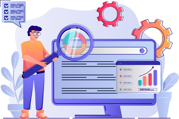 SEO analysis concept with people scene. Man settings site for search engines, analyzes statistics of web page, improvement and optimization. Illustration with characters in flat design for web - obrazy, fototapety, plakaty