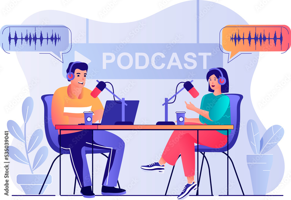 Fototapete podcast streaming concept with people scene. woman and man speaking into microphone and broadcasting