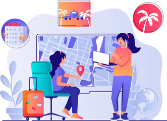 Travel agency concept with people scene. Woman chooses tour, operator helps tourist with traveling, booking hotel room and flight tickets. Illustration with characters in flat design for web - obrazy, fototapety, plakaty