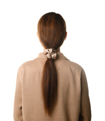 Woman with ponytail and scrunchy on white background