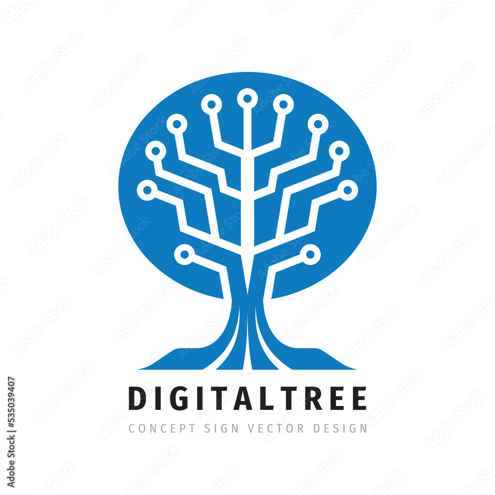 Poster digital tree logo design. computer network sign. data electronic graphic symbol. internet icon. soft