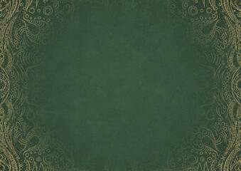 Warm green textured paper with vignette of golden hand-drawn pattern and golden glitter splatter. Copy space. Digital artwork, A4. (pattern: p09a)