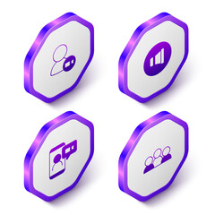 Set Isometric Video chat conference, Speaker volume, and Meeting icon. Purple hexagon button. Vector